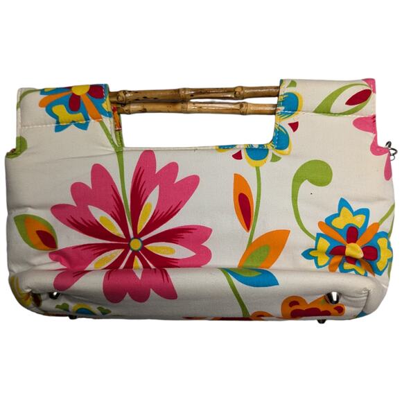 Vtg Y2K Braciano White Tropical Floral Print Beaded Bamboo Handle Clutch Bag - Picture 2 of 6